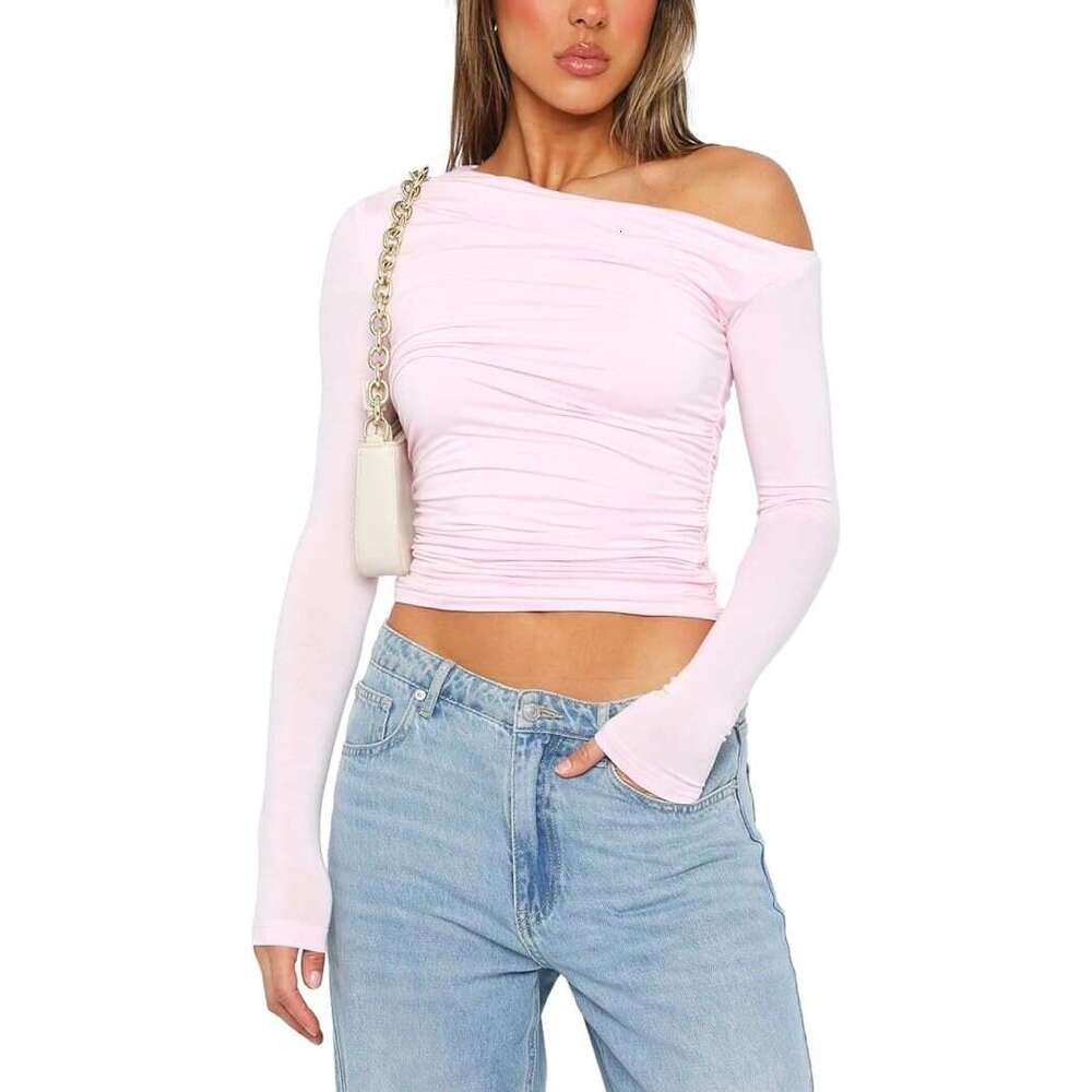 Cross-Border European and American Women's Clothing Asymmetrical Off-Shoulder Solid Color Crop Top Long Sleeve Sexy Slim Fit Elegant T-Shirt