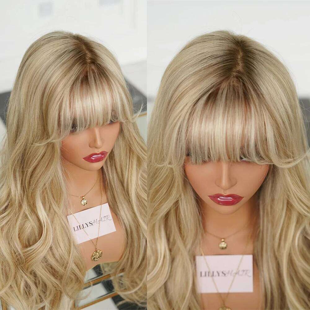 Water Wave Front Wigs with Full Bangs Light Beige Blonde Synthetic Hair Dark Roots Top Fringe Golden Invisible Lace Wig
