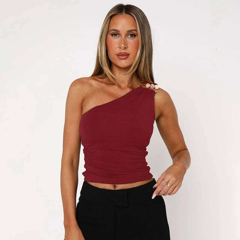 2025 Summer New Women's Clothing European and American Single Shoulder Bead Decorative Umbilical Tank T-shirt Top