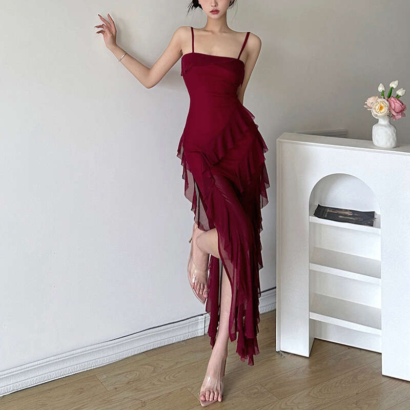 2026 Summer New Fashion Sexy Ruffled Hem Patchwork Elegant Slit Dress for Women