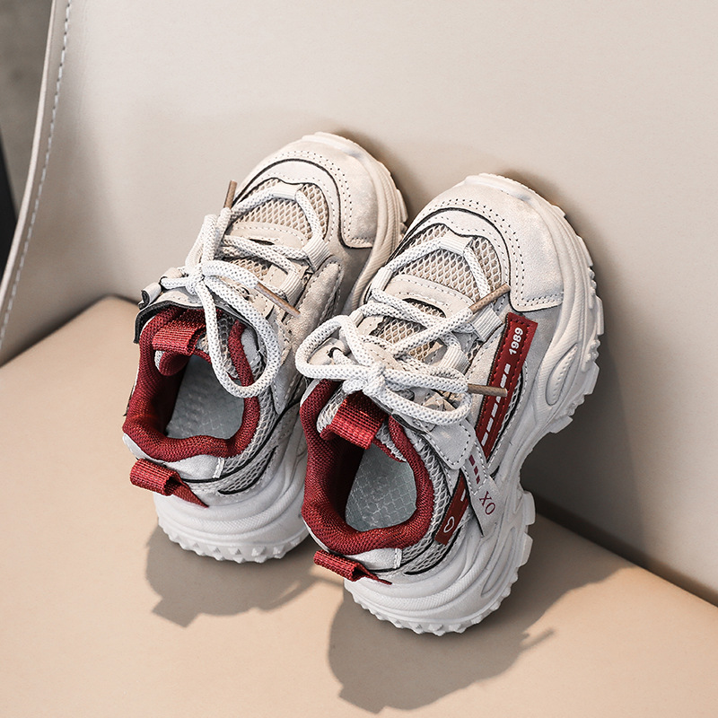 Kids Chunky Trainers Grey Red Unisex Children's Fashion Sneakers Breathable Mesh Upper Non-Slip Sole Toddler Walking Shoes Trendy Kids Shoes for 