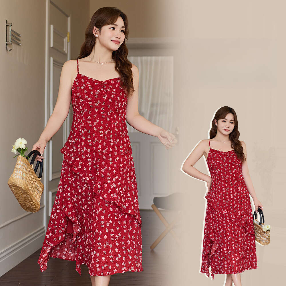 Korean Style Color Block Floral Split Strap Plus Size Slimming Dress Women S Luxury Clothing