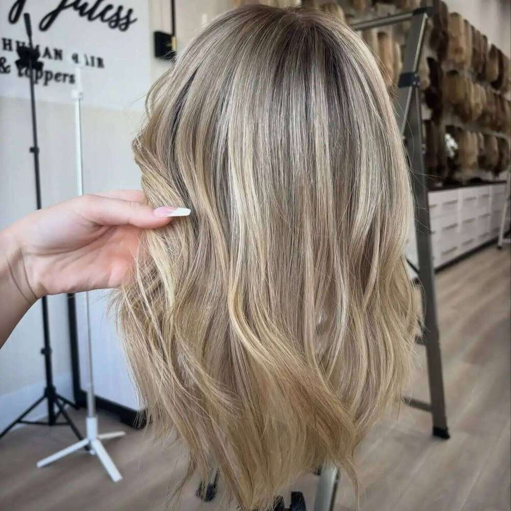 Ash Blonde Balayage Human Hair Blend Lace Front 14 Inch Short Wavy Heat Friendly Synthetic Wig Melt Roots Gift for Girls