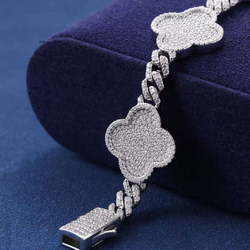 Fashion 16mm Clover Bracelet Full Diamond VVS D Moissanite 925 Sterling Silver Bangle Iced Out Hip Hop Jewelry