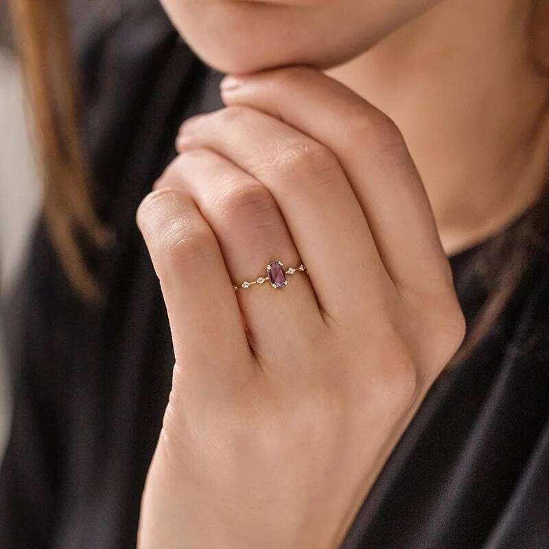 Aide 925 Sterling Silver Romantic Purple Oval Zircon For Women Thin Slim Stackable Wedding Rings Anniversary Gift