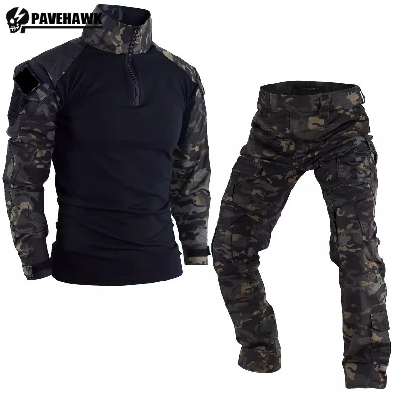 Summer Outdoors Tactical Set Men Thin Quick Drying Combat Training Uniform Camo Patchwork TopsMulti Pocket Cargo Pants Suit 251230