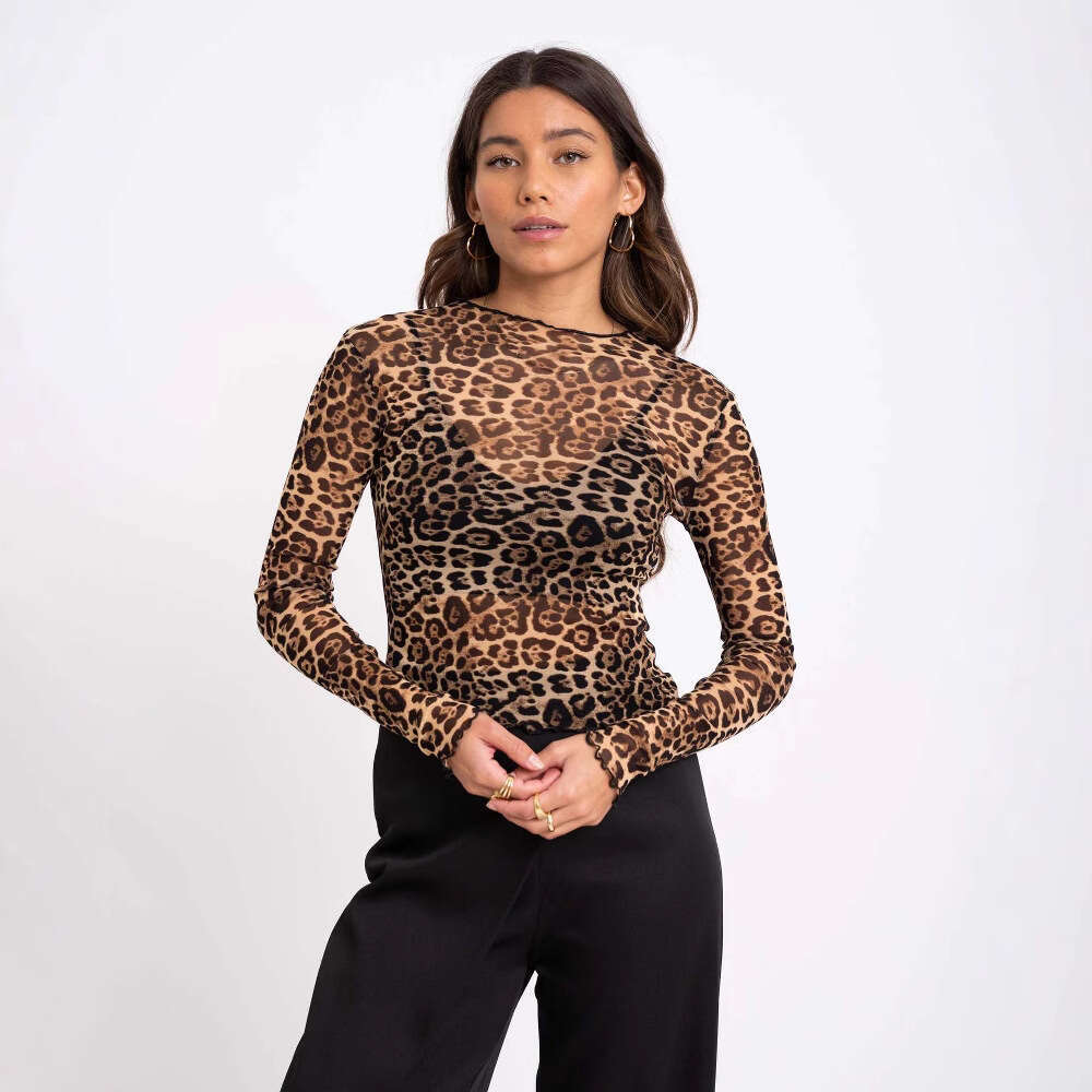 S32280 European and American Cross-Border New Women's Sexy Leopard Print Mesh Printed Tight-Fitting T-Shirt Top for Women