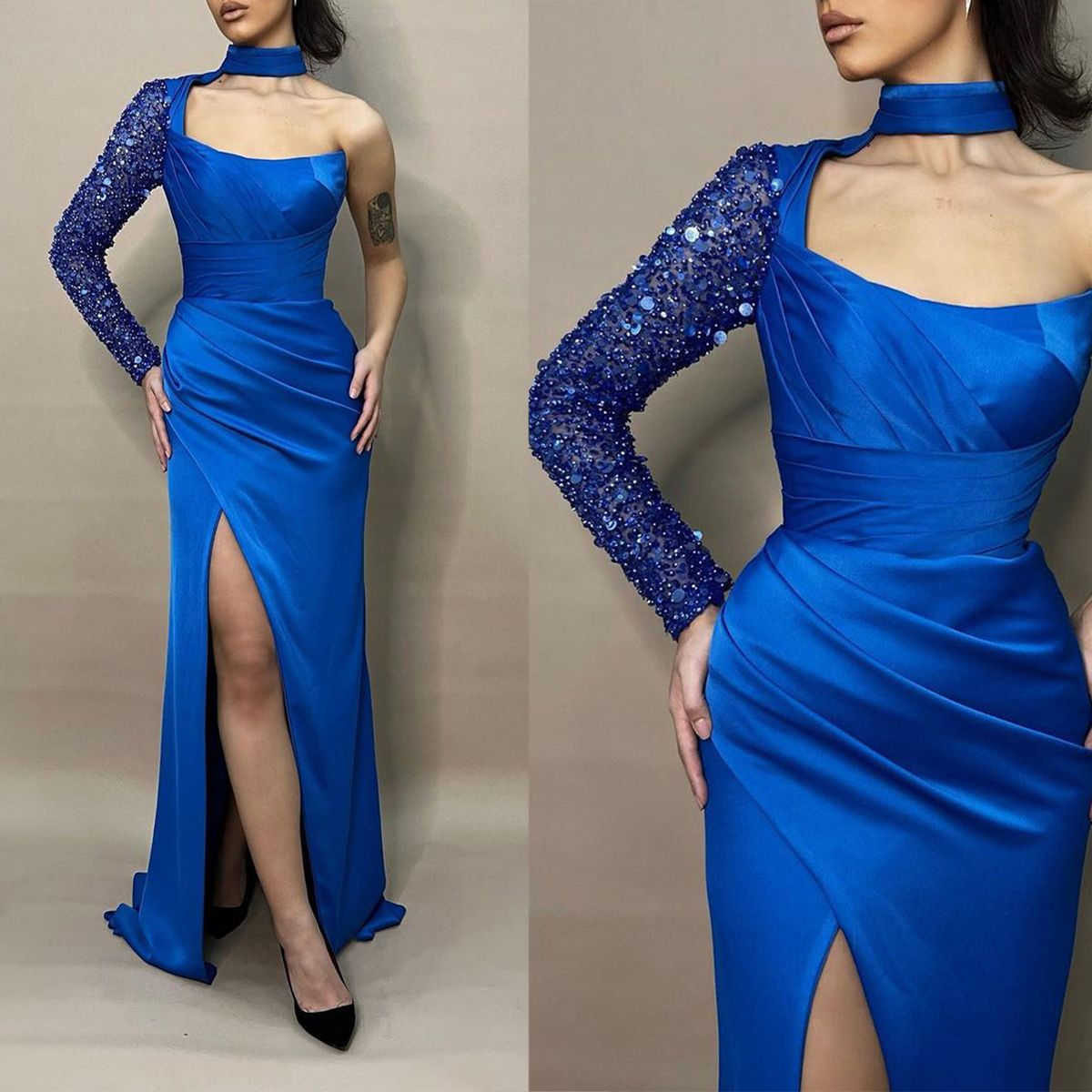 Unique Royal Blue Mermaid Evening Dresses Beaded One Shoulder Special Occasion Dresses Plus Size Formal Guest Dresses Party Ball Gowns High Slit J03