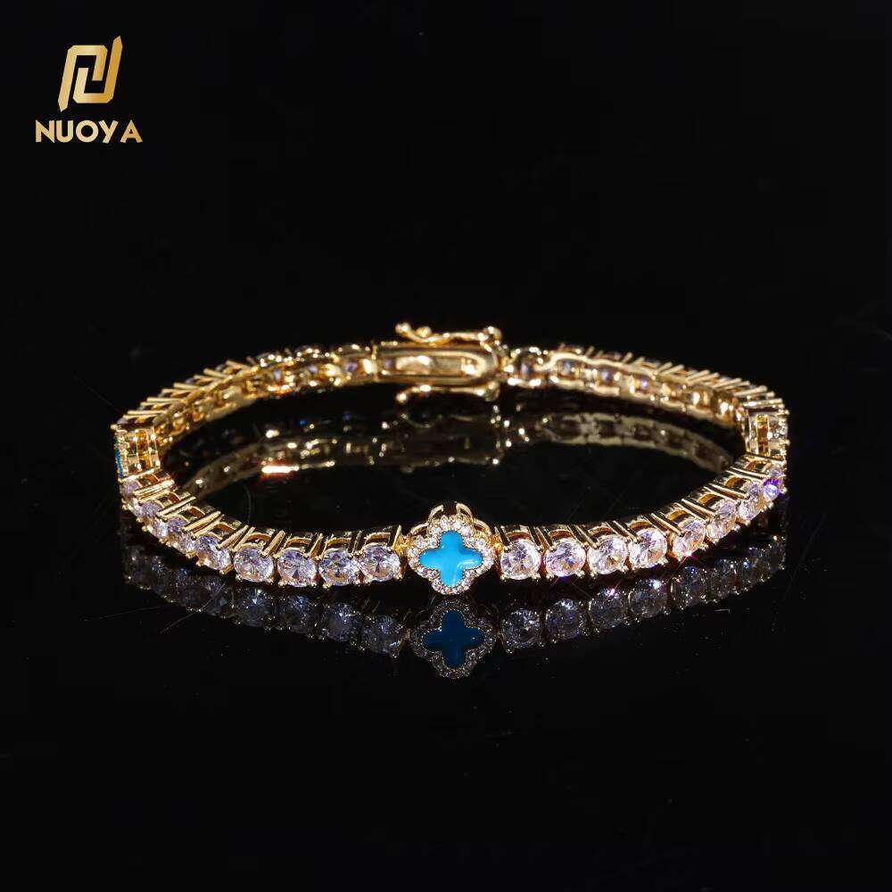 VVS Moissanite NUOYA Fine Hiphop Jewelry Women Choker Iced Out CZ Tennis Chain Four Leaf Clover Design Gold Plated Bracelet