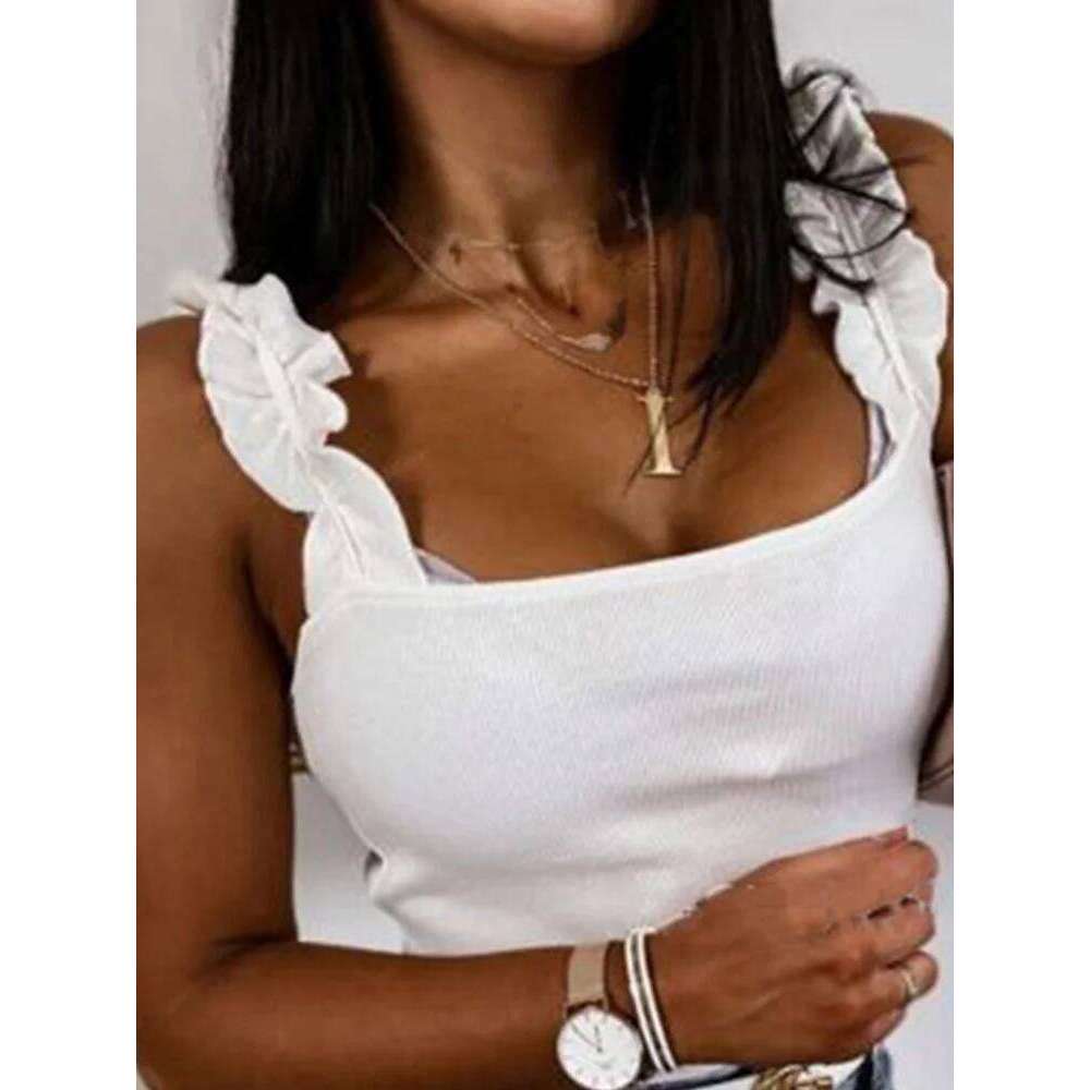 Tank Square Collar Solid Knit Casual Basic Summer Ribbed Slim Ruffles Tops Women