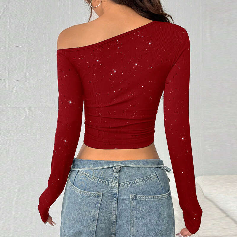 Cross-Border European and American Hot Girl Rhinestone Off-Shoulder Long Sleeve T-Shirt for Women 2026 Spring Export Ins Slim Fit Knitted Base Shirt