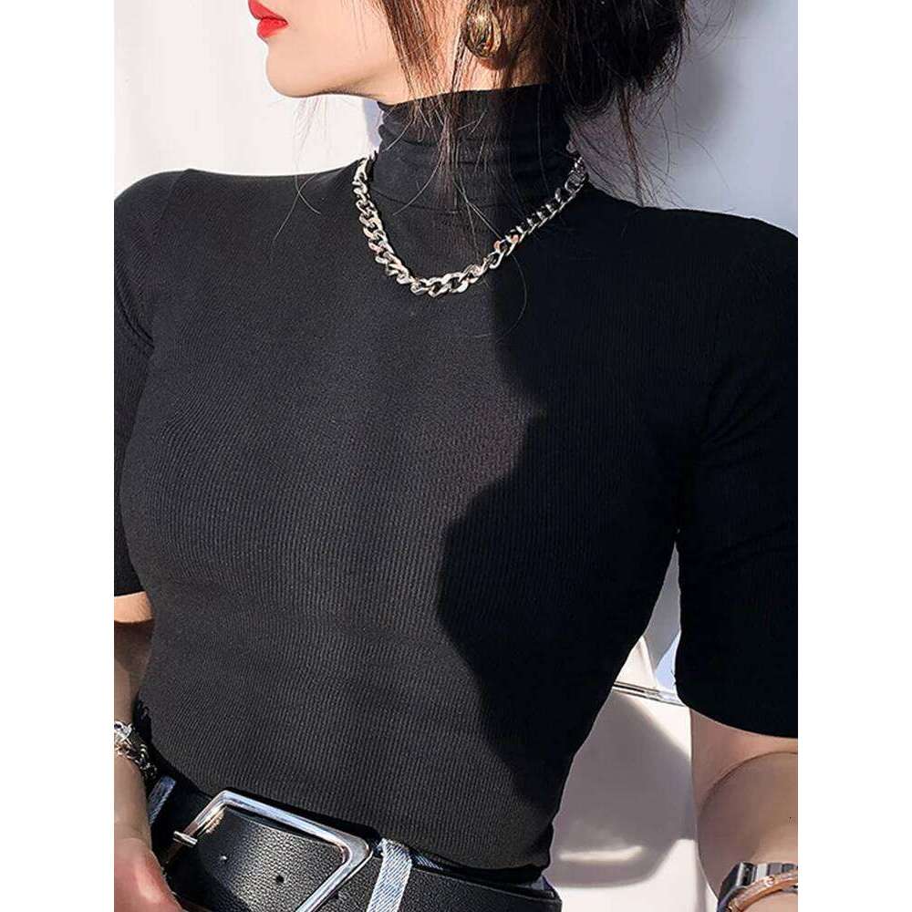 Basic Cotton T Women Turtleneck Slim Tshirt Short Sleeve T-shirts Female Casual Elasticity White Tee Shirt Femme Woman Top