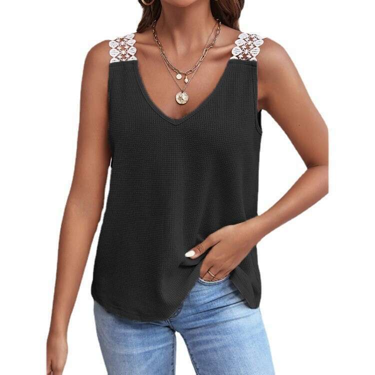 2026 European and American New Women's Solid Color Casual Lace Waffle Patchwork Tank Top T-Shirt