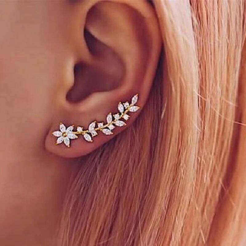 Huitan Aesthetic Flower Stud Climb Earrings Exquisite Women's Ear Accessories with Dazzling CZ New Fashion Jewelry