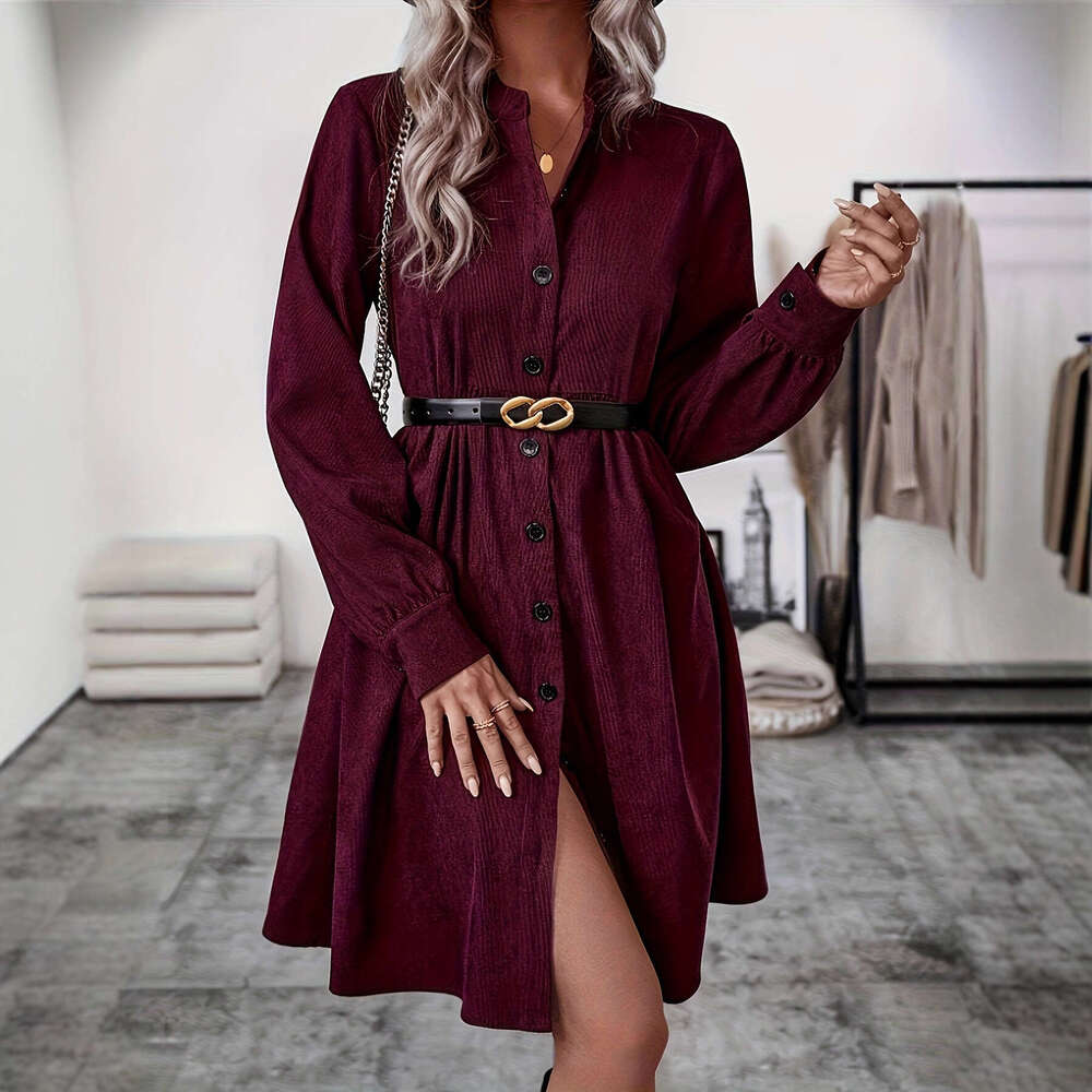 2025 Autumn Winter New Trendy Solid Color Lapel Single-Breasted Long Sleeve European and American Women's Fashion Mid-Length Dress