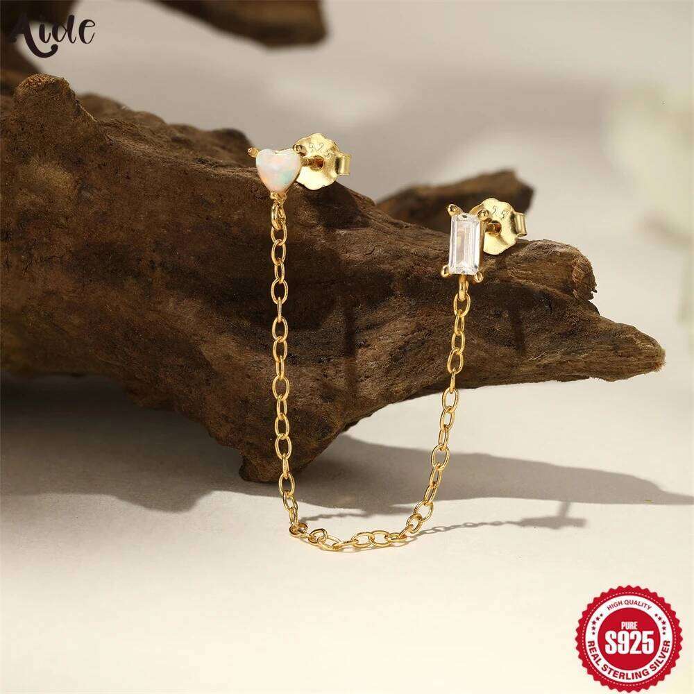 Aide 925 Sterling Silver Double Hole Link Chain Square Ear Stud Earrings for Women Gold Color Flower Cartilage Piercing Jewelry