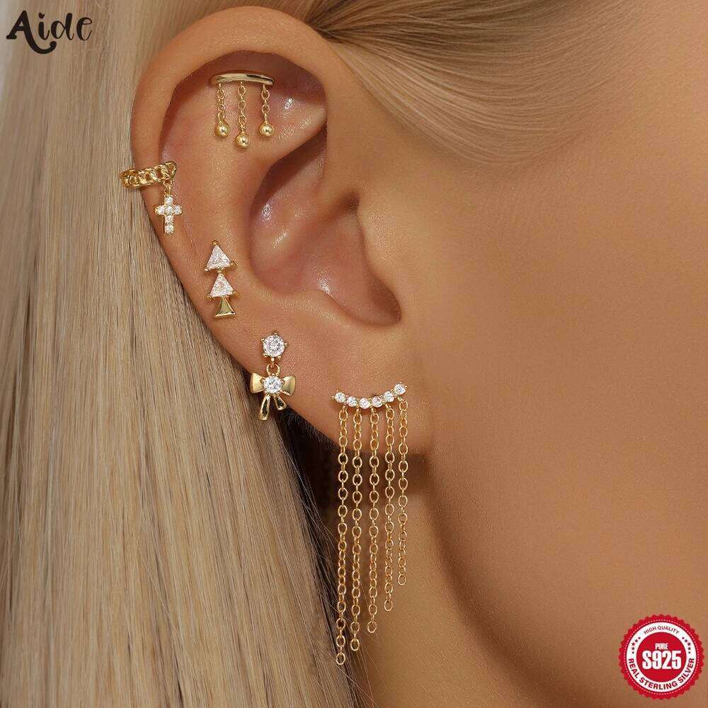 Aide 1PC 925 Sterling Silver Simple New Designs Chain Ball Flat Head Cartilage Piercing Stud Earring For Women Body Fine Jewelry
