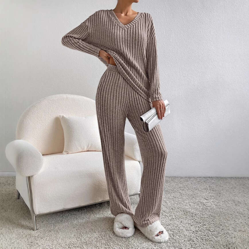 Cross-Border Two-Piece for Women 2026 Autumn New Fashion Casual Straight-Leg Pants Elegant Loose V-Neck Ribbed Knit Set