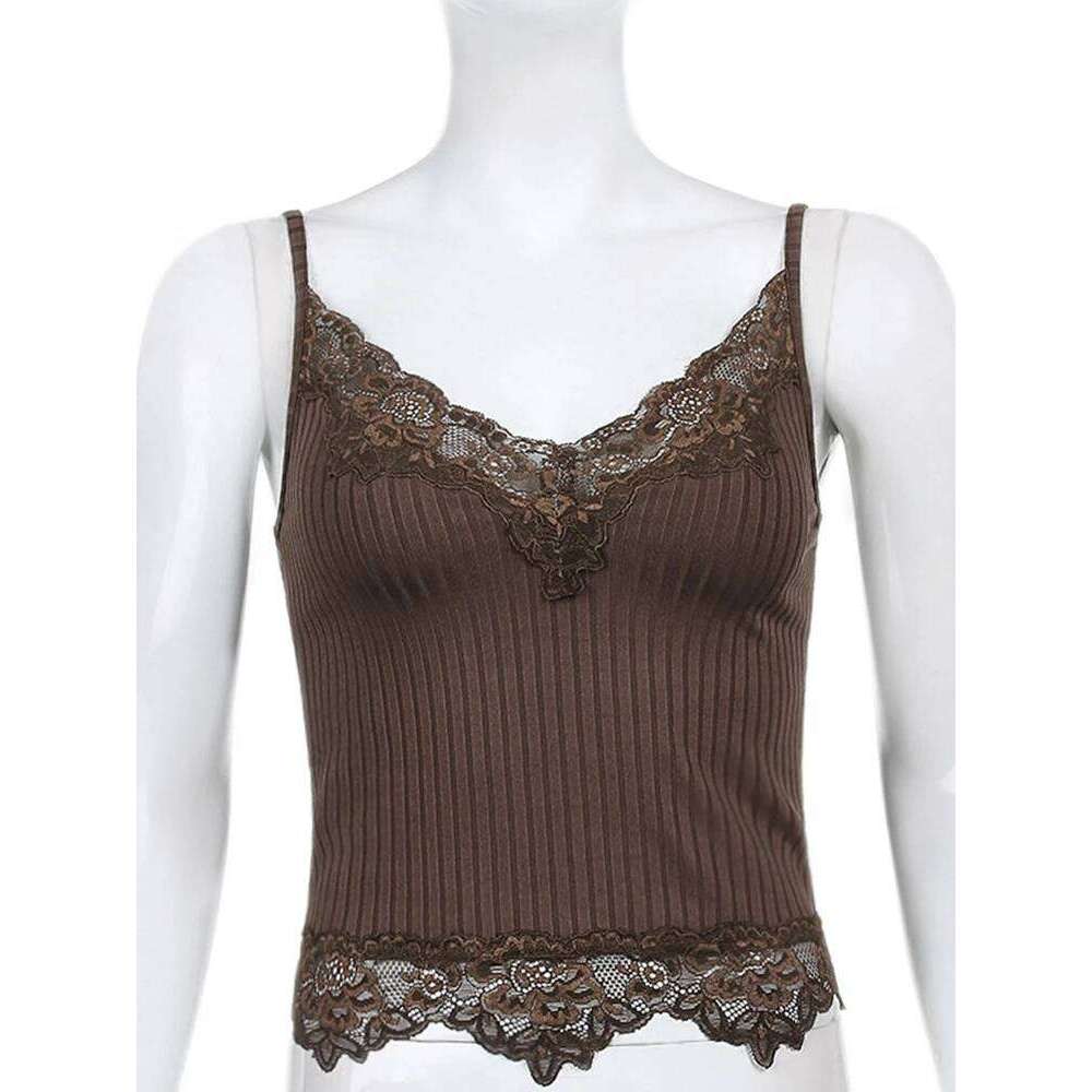 Retro V-neck lace small suspender pure desire style spicy girl black short vest top