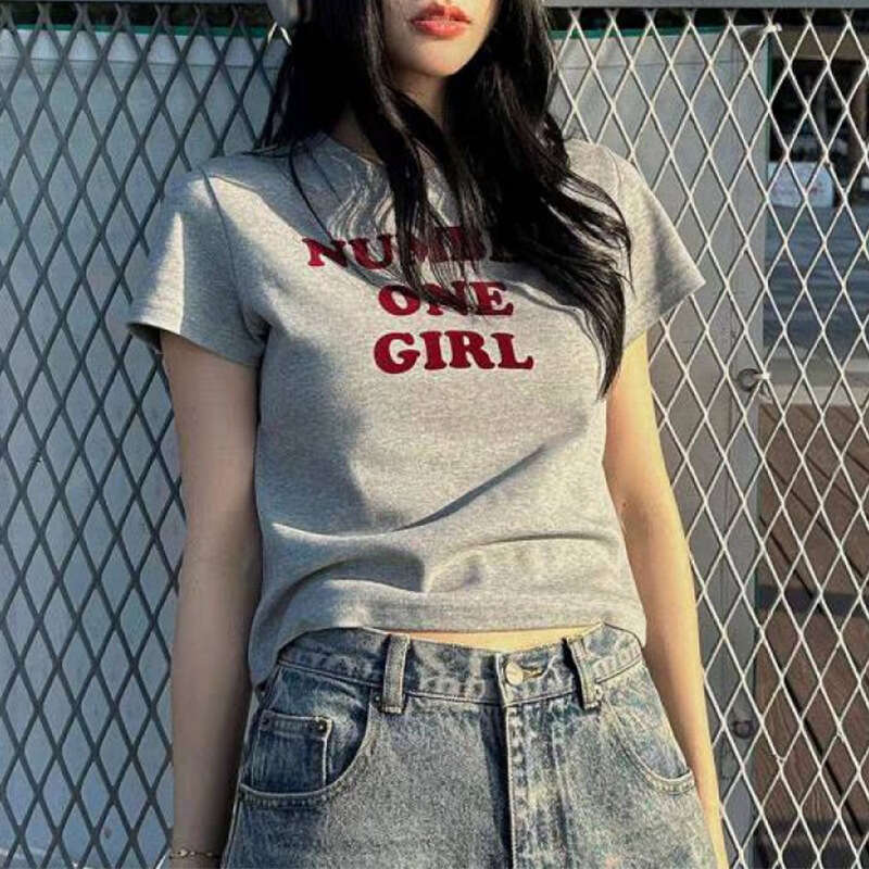 Rosie Letter Print Short Sleeve T-Shirt Women Round Neck Regular Shoulder Slim Fit Trendy American Style Hot Girl Top