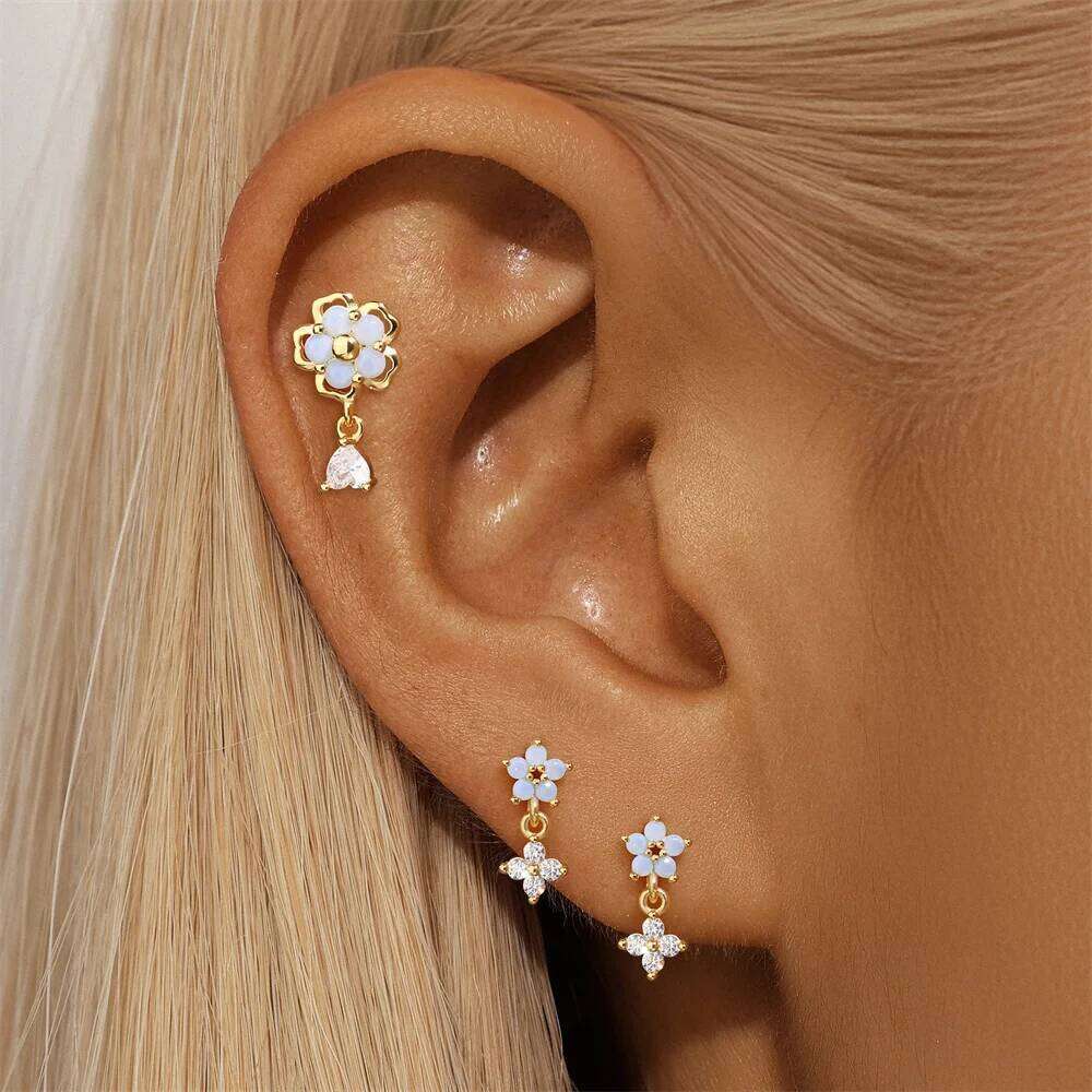 Aide 925 Sterling Silver Cute Opal Zircon Chic Mini Small Stud Earrings Women Fashion Simple Flower Ear Bone Piercing Jewelry