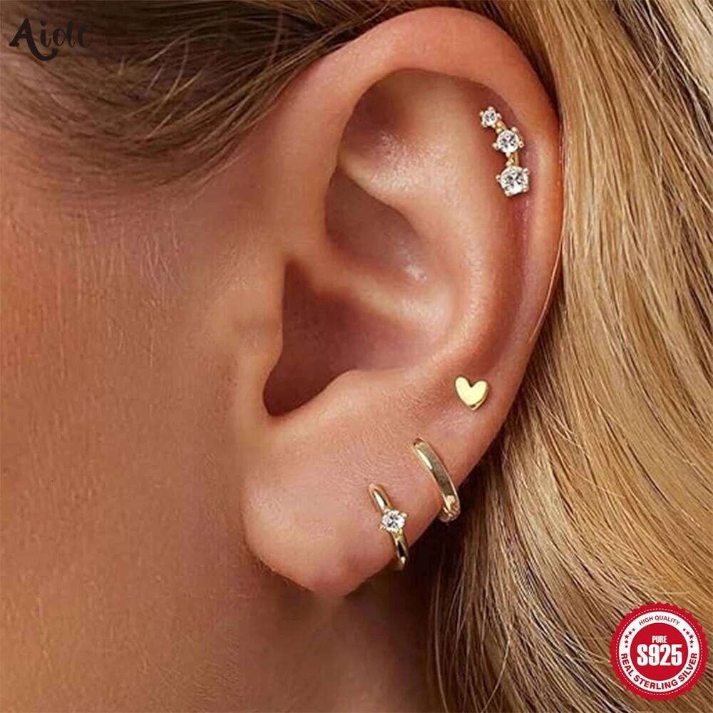 Aide Of 3 Small Zircon Flower Heart Stud Earrings 925 Sterling Silver Personality Geometric 3/4/6 Pieces Set Crystal Earring