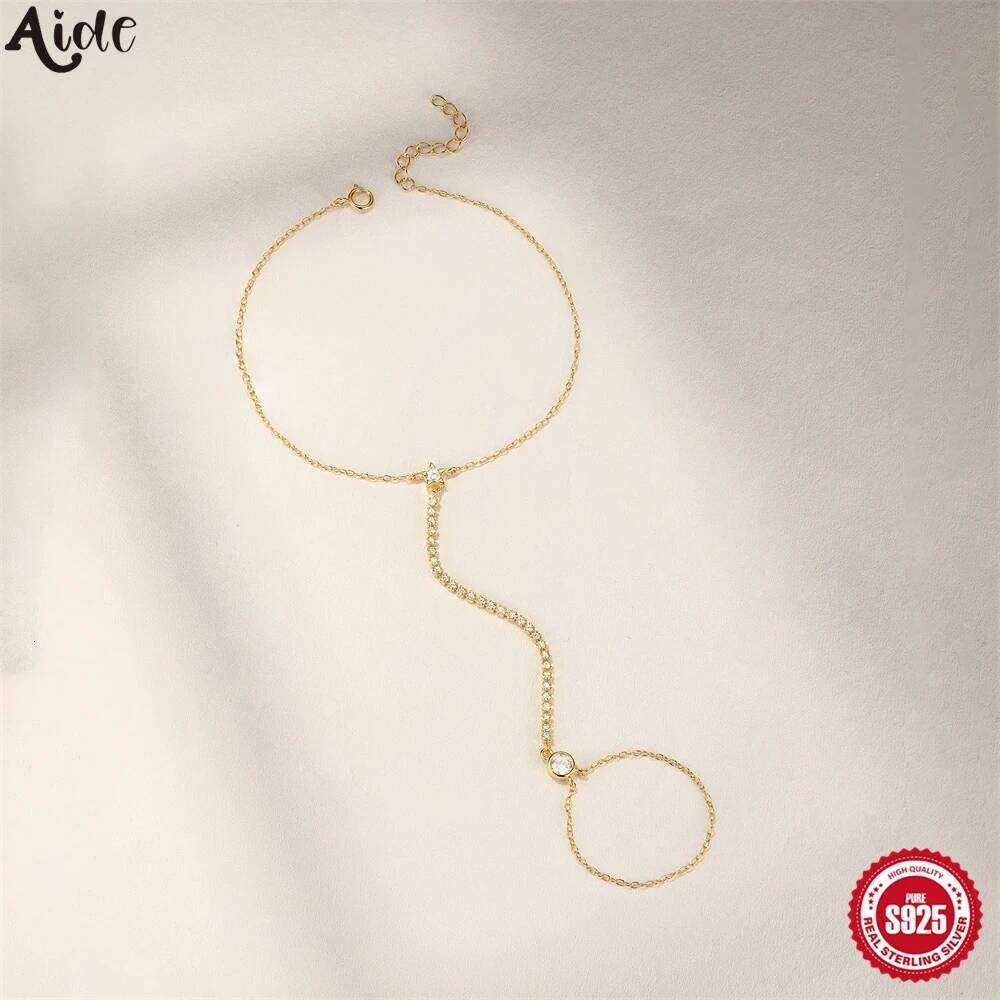 Aide 925 Sterling Silver Full Diamonds Fine Jewelry Geometric Round Bezel CZ Sparking Women Hand Chain Bracelet Rings Pulseras