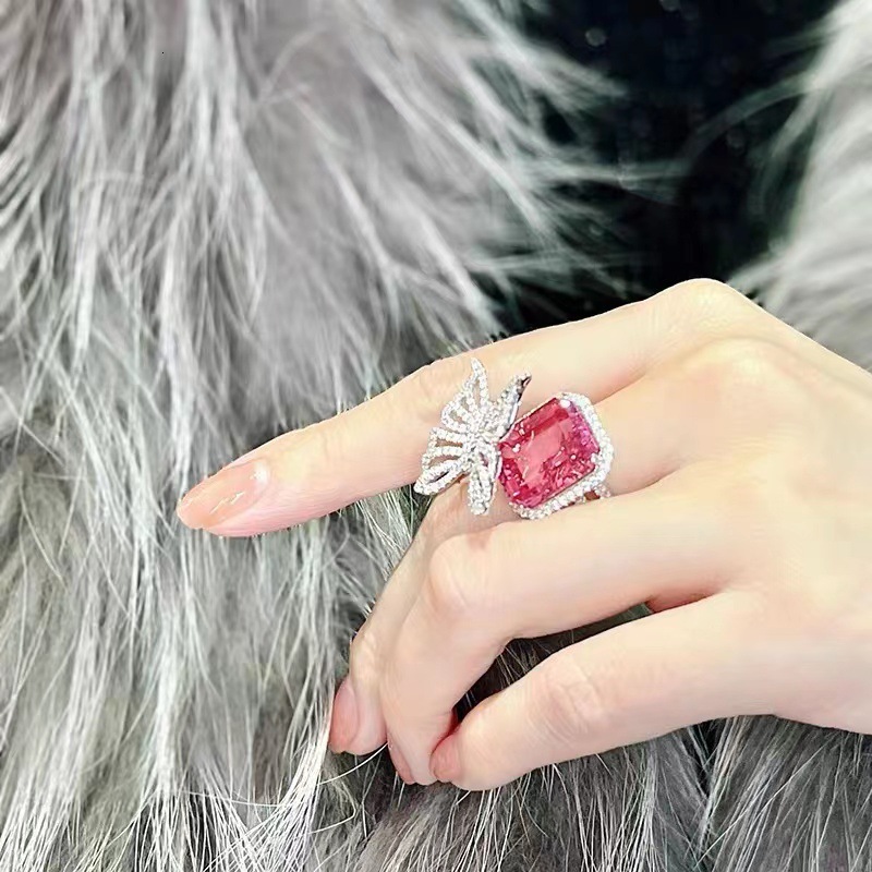 Luxury Brand Designer Jewelry New Colorful Pink Diamond Butterfly Ring For Women, Ins Trend, Minimalist Style, Open Full Diamond Ring, Elegant Versati