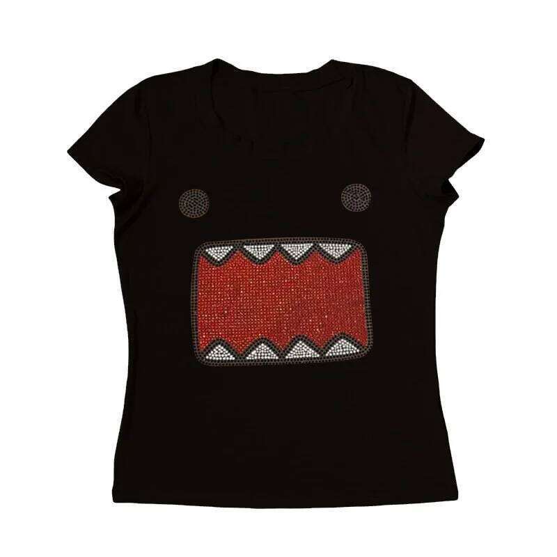 2025 summer new women Y2K Girl Retro Hot Fix Rhinestone Application Round Neck T-shirt Funny Vintage Tama Jun Top