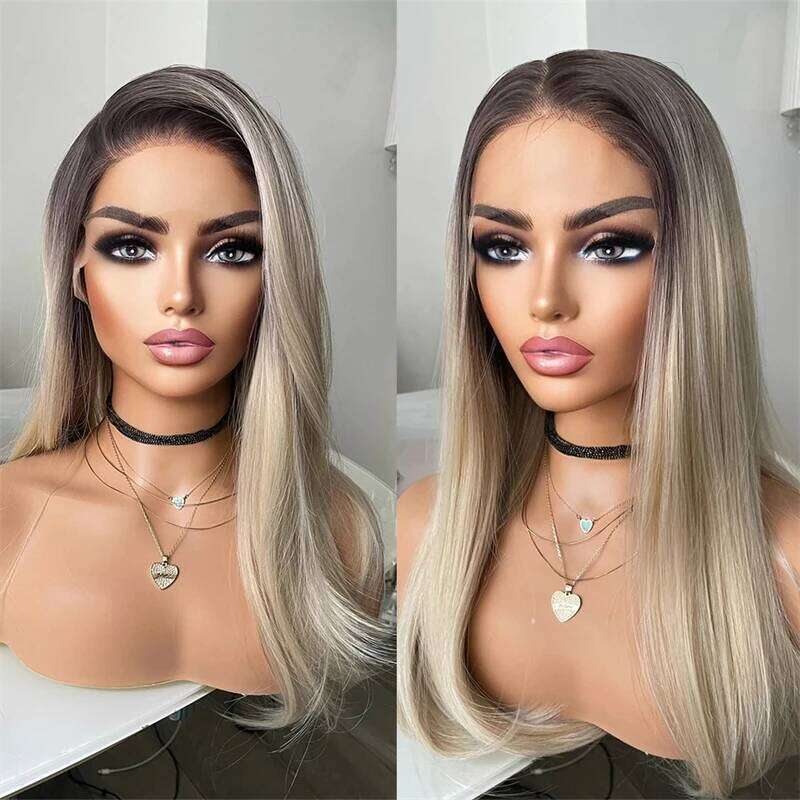 Top Quality Wigs 26 Inches Mixed Blonde Synthetic Lace Front With Dark Roots Realistic Natural Looking Wig Women Gift