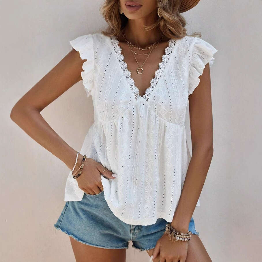 2026 European and American Cross-Border Women's Spring Summer New Fashion Hollow V-Neck Ruffle Short Sleeve Lace T-Shirt Top