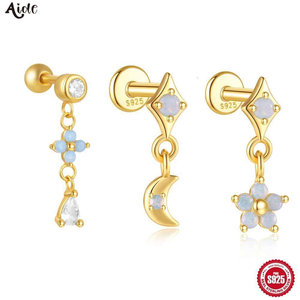 Aide Opal Stars Moon Stud Earrings For Women 925 Sterling Silver 18K Gold Flat Head Threaded Puncture Ear Bone Ins Fine Jewelry