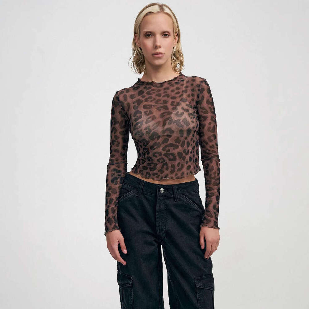 S32280 European and American Cross-Border New Women's Sexy Leopard Print Mesh Printed Tight-Fitting T-Shirt Top for Women