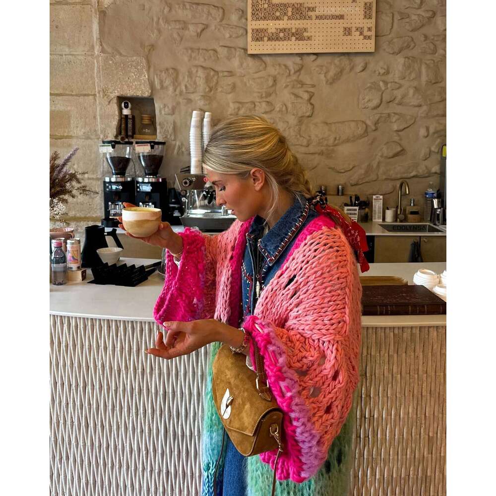 Boho Colorful 2026 Designer Fashion Luxuriously Handknit Bell Sleeve Crochet Loose Kimono Cardigan Women Fall Winter Coat Beach Coverup Dress K12