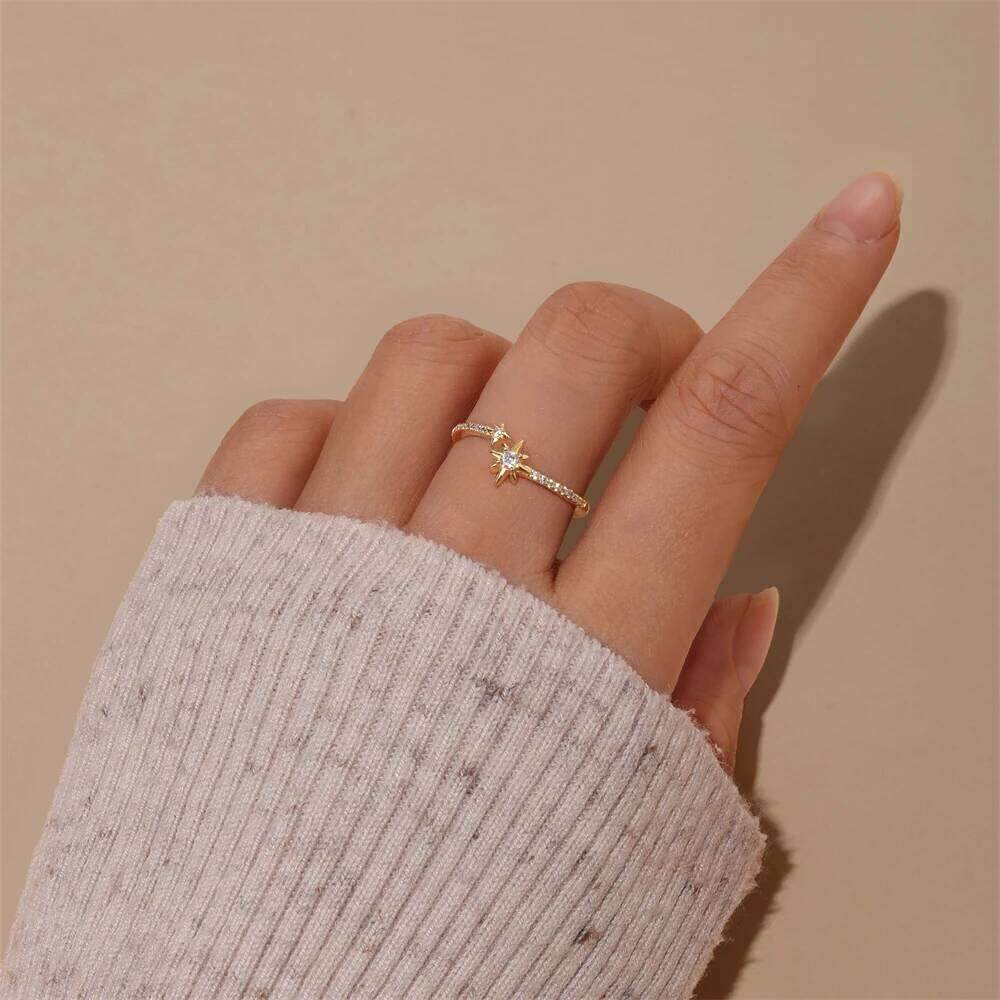 Aide Zircon Double Star Rings For Women Gold Color 925 Sterling Silver Opening Stars Finger Ring Wedding Party Aesthetic Jewelry