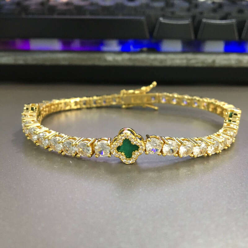 VVS Moissanite Fashion Women's 4mm Brass Green Agate Iced Lucky Four-Leaf Clover CZ Tennis Valentine's Day Bracelet