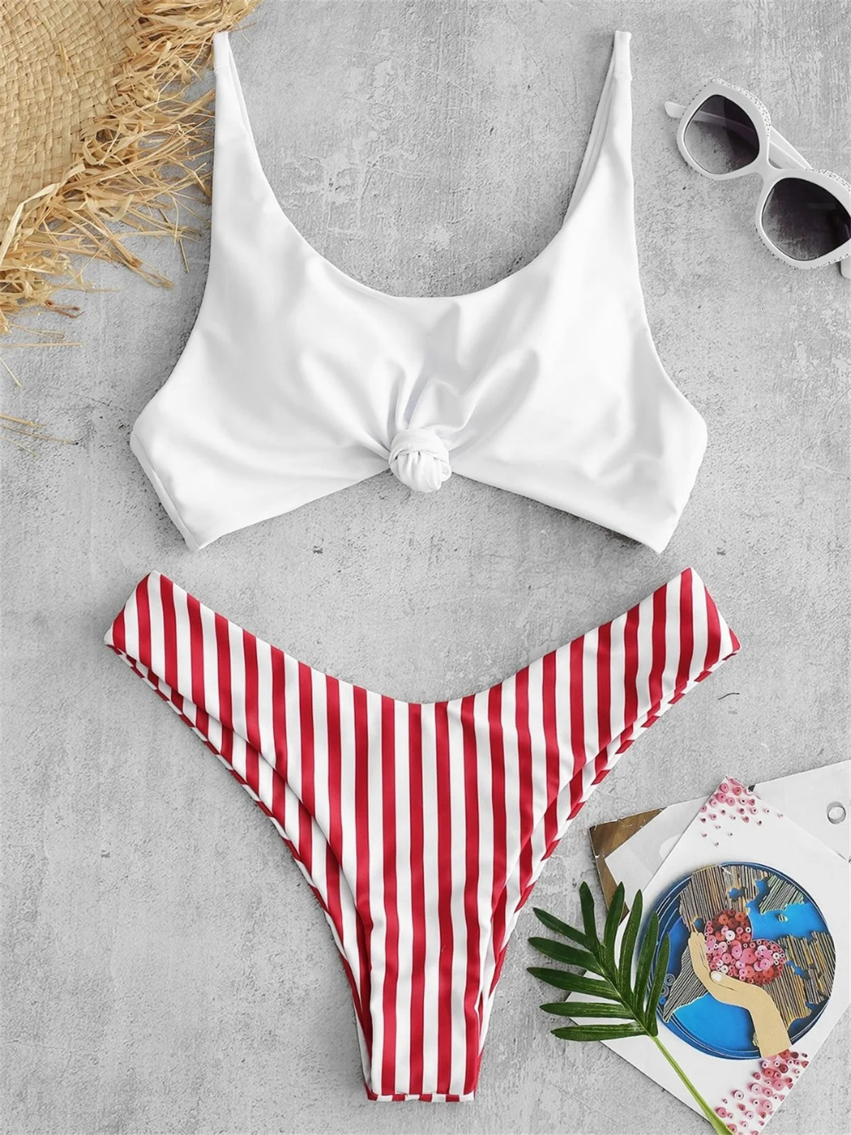 Sexy Micro Bikini Women Swimsuit Scoop Neck Striped Swimwear Knot Bow Fringe Summer Beachwear Bathing Suit Push Up Biquini 251231