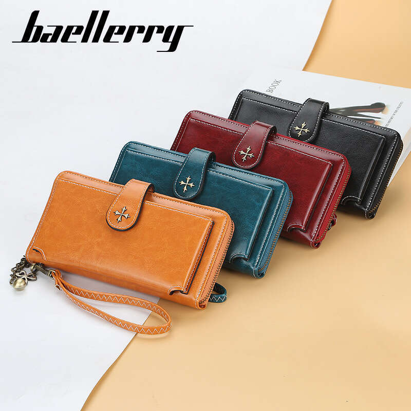 Women's Long Wallet Baellerry European and American Style Buckle Oil Wax Leather Handbag Large Capacity Vintage Phone Bag Hot Item