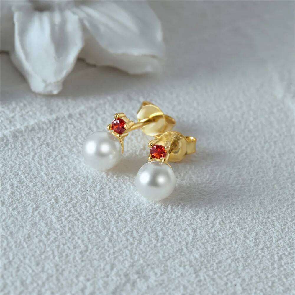 Aide Real 925 Sterling Silver Pearl Stud Earrings Red Zircon Piercing Earring For Women Gold Pendientes Luxury Jewelry Wedding