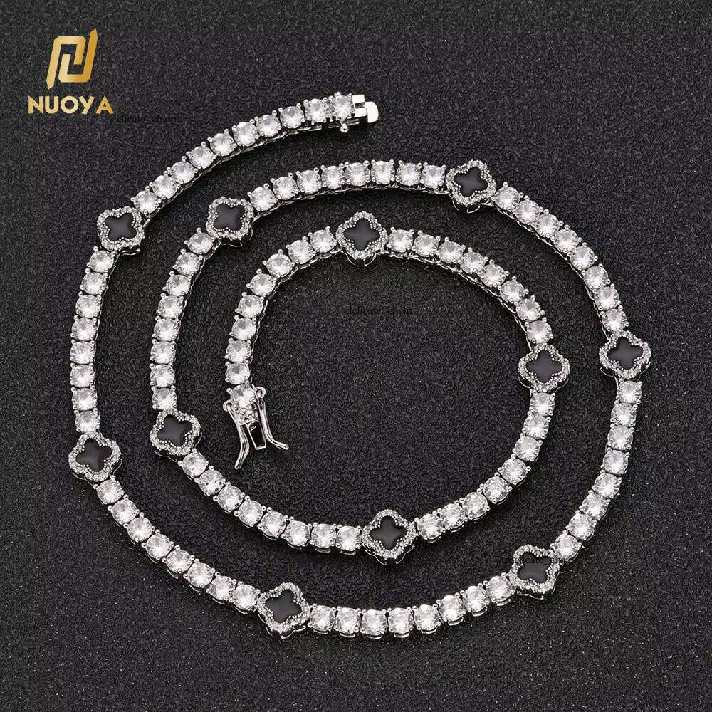 NUOYA Fashion Hiphop Jewelry Four-leaf Clover Tennis Choker Women White Gold Iced Out Cubic VVS Moissanite Chain Necklace