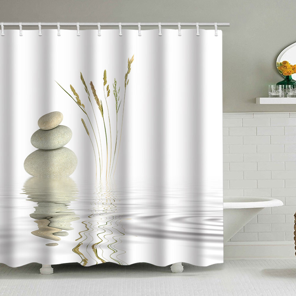 YL-38077 Shower Curtain Set with Wild Grass, Stones, and Water Reflections - Printed Polyester Waterproof Shower Curtain, No Drill Required, with Hook