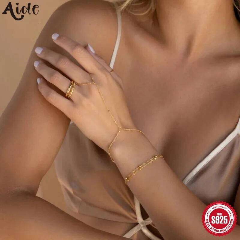 Aide Minimalist Bracelets for Women 925 Silver Beaded Hand and Chain Ring Boho Jewelry Engagement Gift