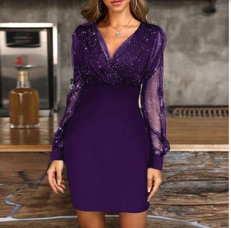European and American Cross-Border Mesh V-Neck Sequin Slim Sexy Dress