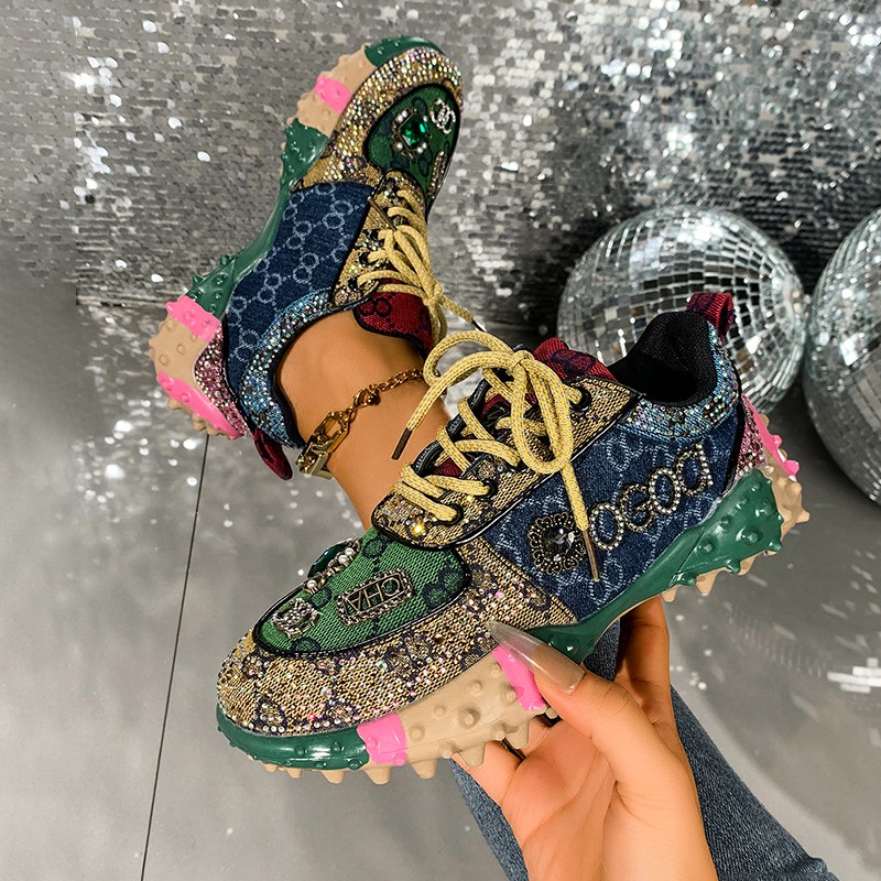 Women's Fashion Shoes Rhinestones Diamonds Embellished Luxury Shoes Rhinestones Designer Sneakers Thick Bottom Non Slip Running Shoes Zapatillas 