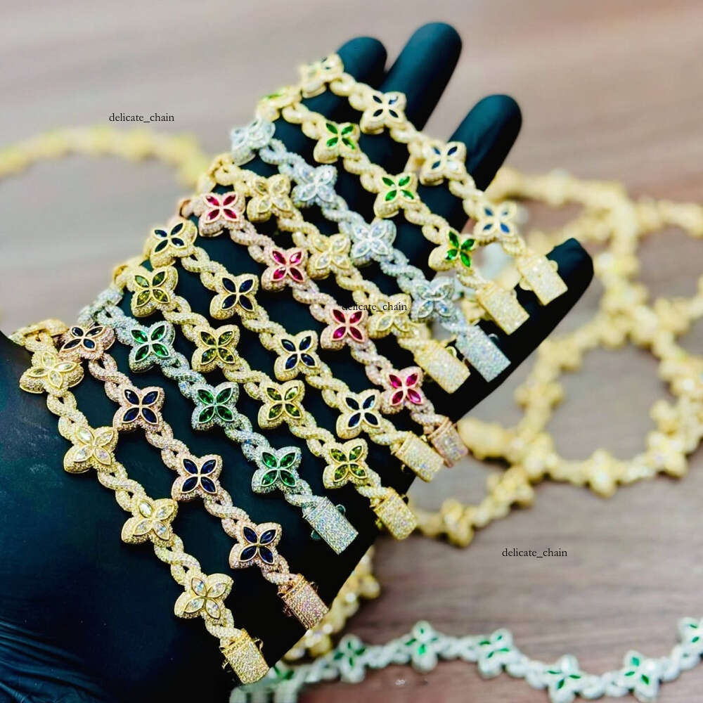 VVS Moissanite Hot Sale 15mm 925 Sterling Silver Clover Iced Hip Hop Infinity Colorful Mosaic Stone Cuban Bracelet