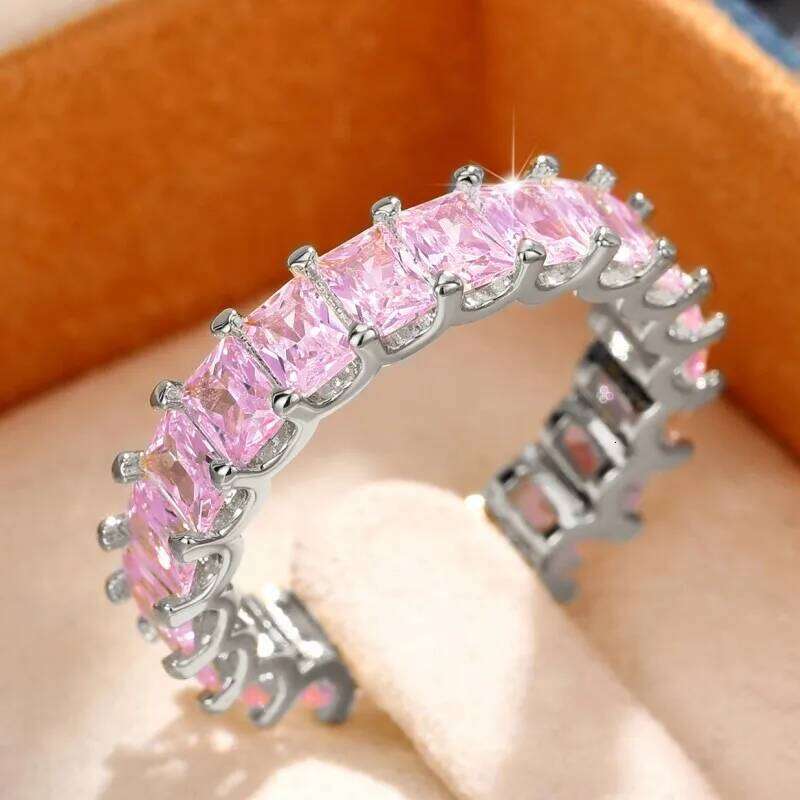Huitan Crystal/Pink CZ Promise Rings Women Simple Stylish Finger-ring Wedding Engagement Bands Fashion Versatile Lady Jewelry