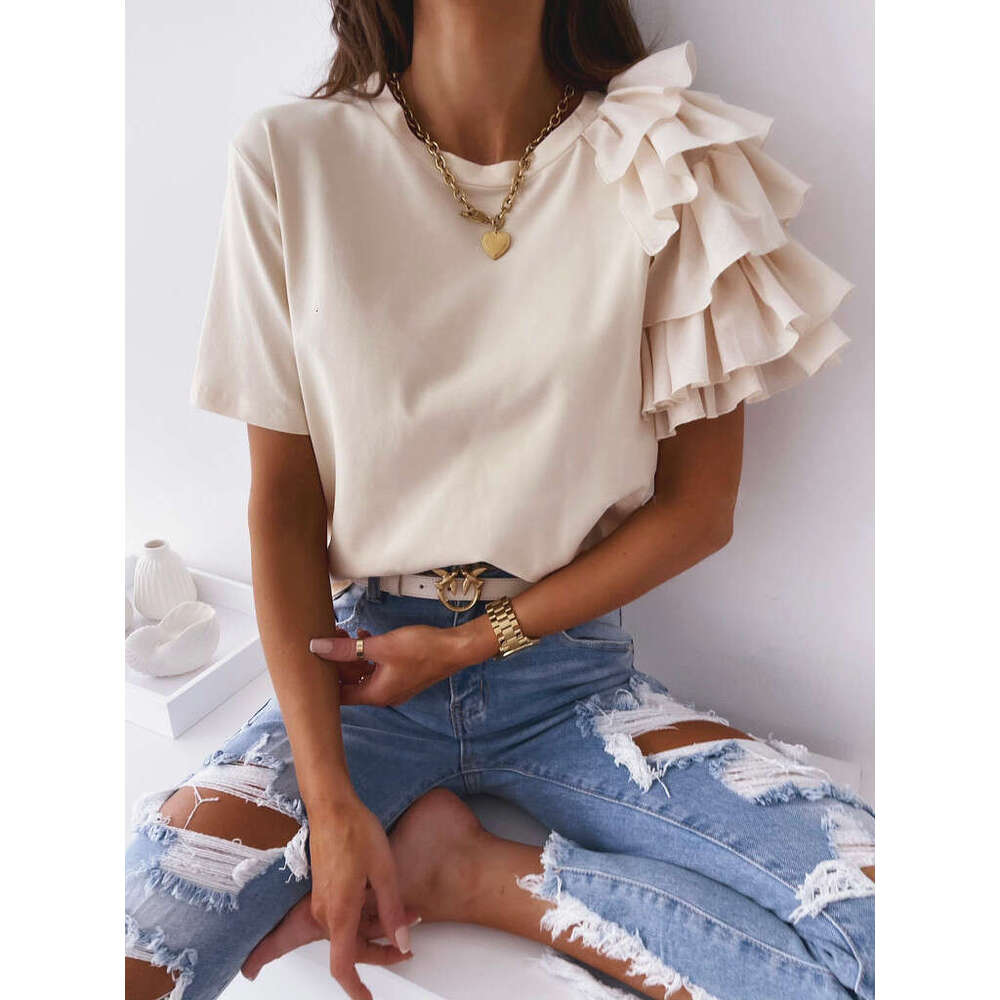 2026 Summer Simple Fashion Ruffled Short Sleeve Round Neck Women's T-Shirt European and American Style