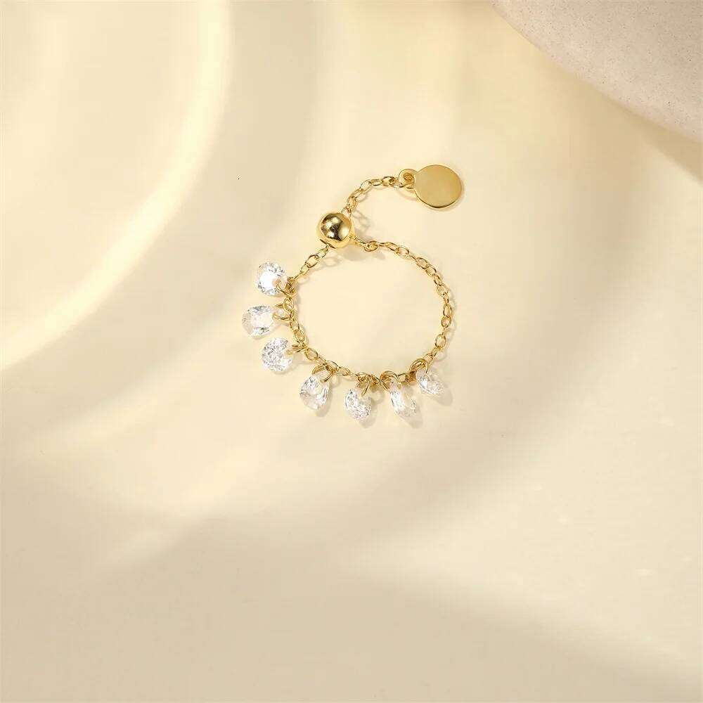 Aide 925 Sterling Silver Fashion Chain Design for Women Opening Adjustable Crystal Gold Color Rings Jewelry Wedding Gifts