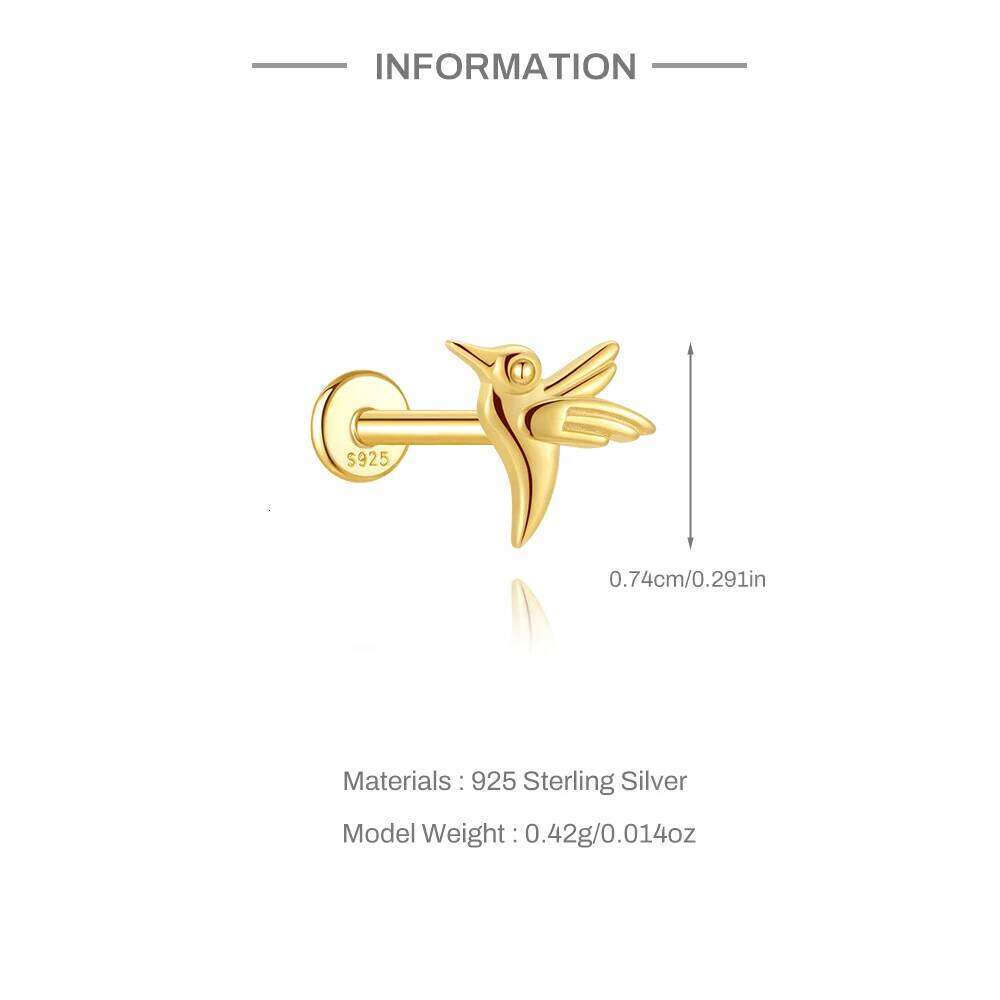 Aide 1Piece 925 Sterling Silver Hummingbird Flat Back Piercing Earrings For Women Ear Bone Studs Jewelry Gift