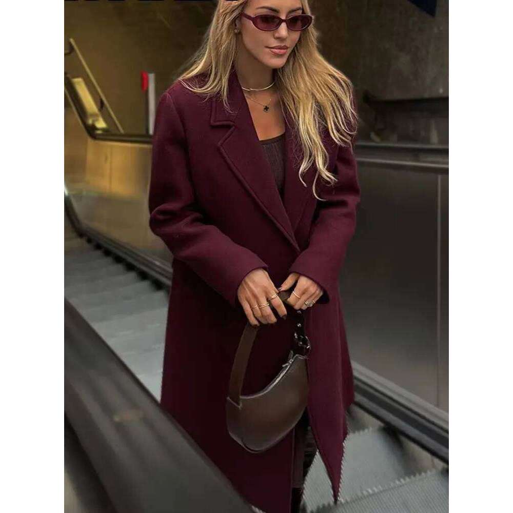 HH Women Fashion Burgundy Coat Double Breasted Long Sleeve Lapel Blends Jacket Autumn Winter High Street Outerwear